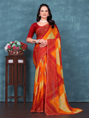 Anmi Printed Bandhani Georgette Saree(Pack of 2, Red)