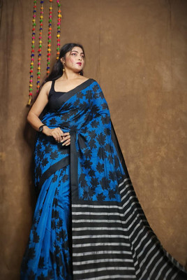 Joyguru Textile Printed Sambalpuri Cotton Blend Saree(Light Blue)