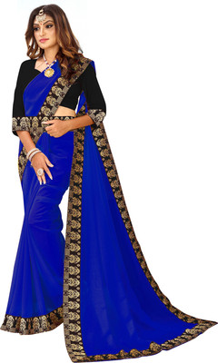 LIMTD Solid/Plain Jamdani Georgette, Chiffon Saree(Dark Blue)
