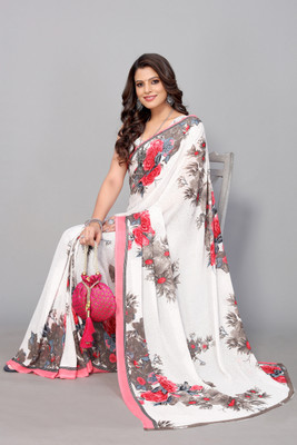ANIRAV Floral Print Bollywood Georgette Saree(White)