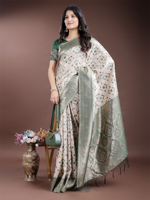 Tasrika Woven Banarasi Cotton Linen Saree(White, Green)