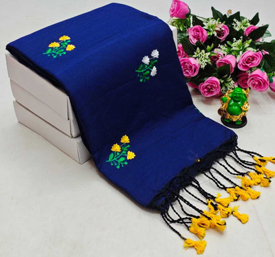 DRAPERIA Embroidered Handloom Pure Cotton Saree(Dark Blue)