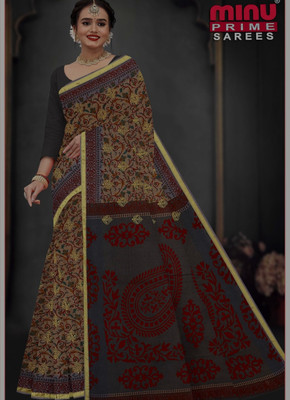 Minu Fashion Woven, Printed Bollywood Pure Cotton Saree(Gold, Red)