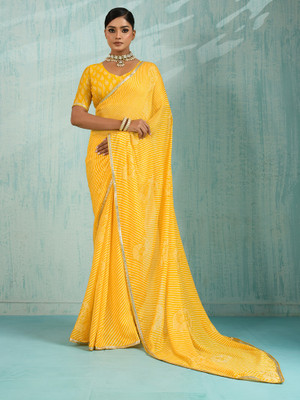 ANOUK Printed Leheria Chiffon Saree(Yellow)