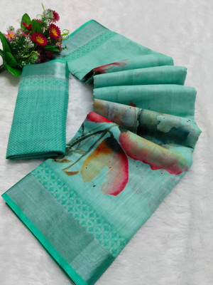 Gajal Printed Bollywood Linen, Cotton Linen Saree(Pack of 2, Light Blue)