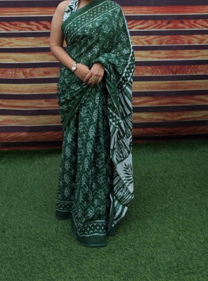 VIBEBAZAAR Printed Handloom Handloom Cotton Blend Saree(Green)