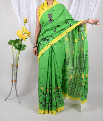 Threadier Printed Bollywood Pure Cotton Saree(Light Green)