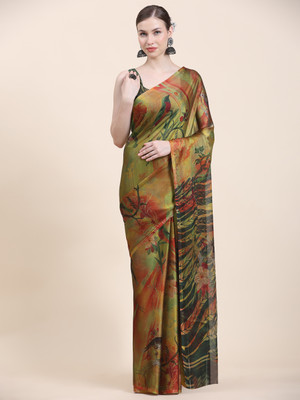 GOPINATH WEAVES Printed Assam Silk Chiffon Saree(Green)
