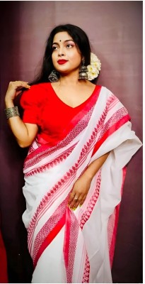 Gpsaree Woven Handloom Cotton Silk Saree(White, Red)