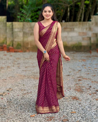 The Style Sanctuary Polka Print, Woven, Self Design Bollywood Silk Blend Saree(Maroon)