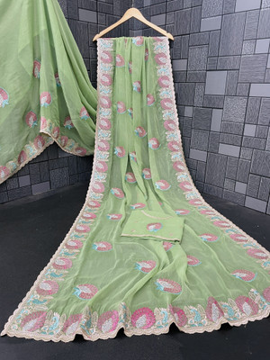 Mikhushop Embroidered Bollywood Silk Blend Saree(Light Green)