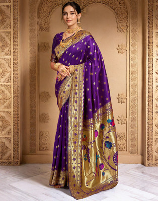 Mahastree Printed Paithani Silk Blend Saree(Purple)