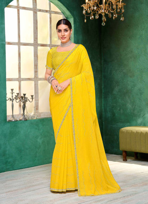 Laxmipati sarees Embroidered Bollywood Chiffon Saree(Yellow)