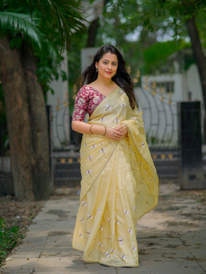 Tasrika Embroidered Bollywood Cotton Blend Saree(Yellow)