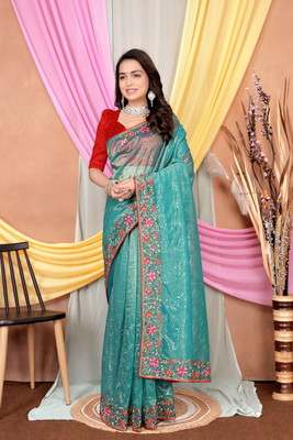 MAHADEV Embroidered Bollywood Supernet Saree(Blue)