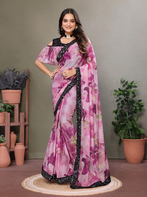 AKFABRICS Floral Print Bollywood Lycra Blend Saree(Purple)