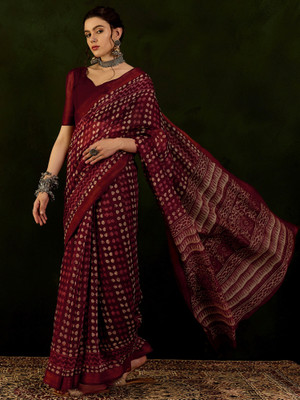 Sareemall Printed Bollywood Cotton Linen Saree(Maroon)