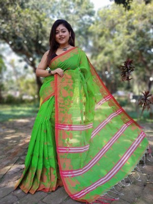 RRBB Self Design Handloom Pure Cotton Saree(Green)