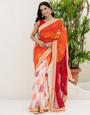 all about you Printed Bandhani Georgette, Chiffon Saree(Red, Orange, White)