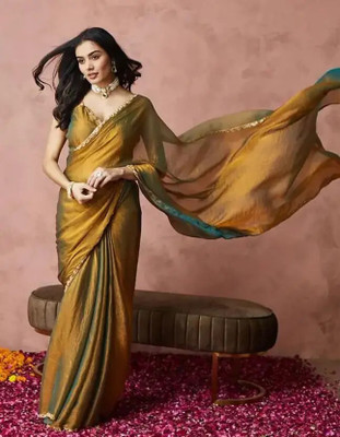 Rajvi Enterprise Solid/Plain Bollywood Chiffon Saree(Gold)
