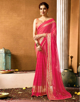 Samah Printed, Temple Border, Embellished Bollywood Georgette Saree(Pink)