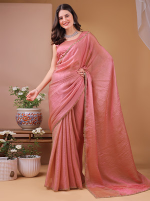 QVIDYA Solid/Plain Bollywood Organza, Silk Blend Saree(Pink)
