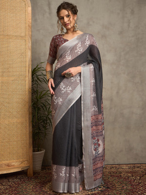 ANOUK Printed Hand Batik Linen Saree(Black)