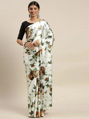 Fabian Fashion Floral Print, Digital Print Bollywood Satin Saree(White, Black)