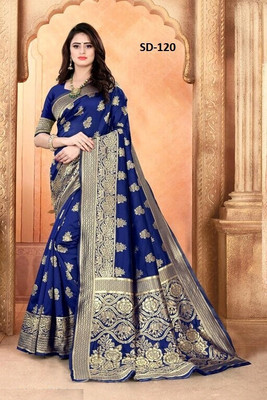 Aadvika Self Design Banarasi Cotton Blend, Pure Silk Saree(Dark Blue, Gold)