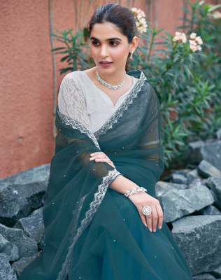 SIRIL Solid/Plain, Embellished Bollywood Net Saree(Blue)
