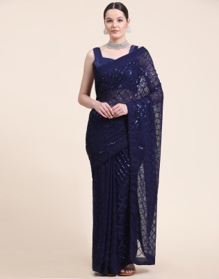 Samah Embroidered, Embellished, Dyed Bollywood Georgette Saree(Blue)