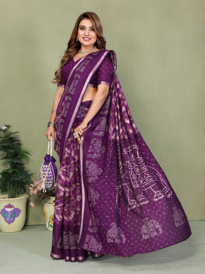 Sarly Printed Bollywood Cotton Blend Saree(Purple)