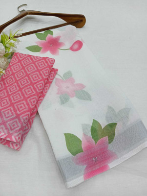 Kuwarika Floral Print Kanjivaram Linen, Cotton Linen Saree(White)