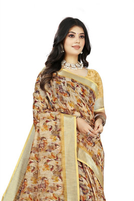 J6 Designers Floral Print Bollywood Cotton Blend Saree(Beige)