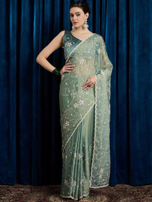 ANOUK Embroidered Bollywood Chiffon Saree(Light Green)