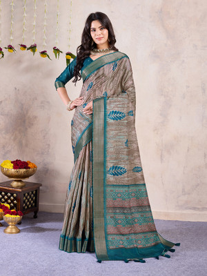 RekhaManiyar Printed Bollywood Silk Blend Saree(Light Blue)