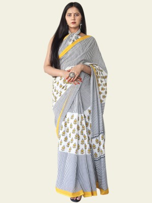 BUTA BUTI Floral Print Daily Wear Cotton Blend Saree(White)