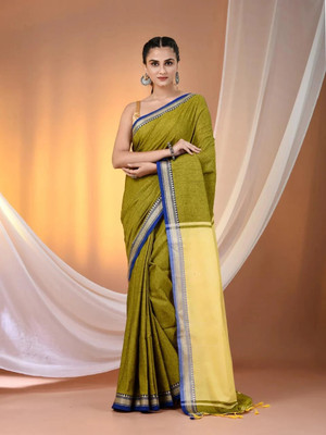 OSARIO Woven, Solid/Plain Handloom Cotton Blend Saree(Light Green)