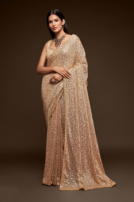 DIVINE INTERNATIONAL TRADING CO Embellished, Embroidered Bollywood Georgette Saree(Beige)