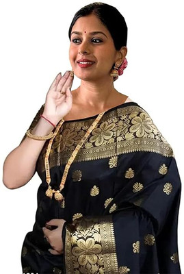 Moksha trends Solid/Plain Banarasi Silk Blend Saree(Blue)