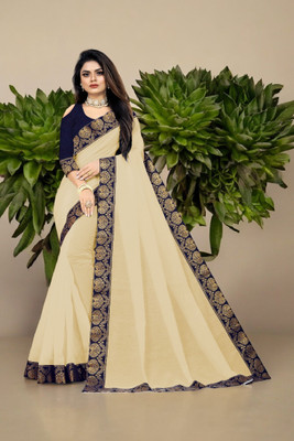 Volmina Solid/Plain Chanderi Cotton Blend Saree(Cream)