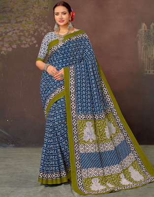 all about you Blocked Printed, Printed Daily Wear Cotton Blend Saree(Blue, White)