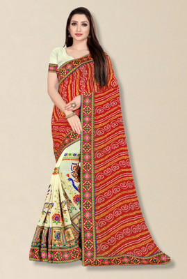 Divastri Self Design, Printed, Embroidered Bandhani Georgette Saree(Red, Beige)
