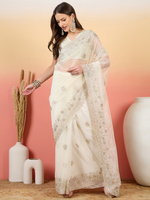 Sangria Embroidered Saree with Attached Blouse Net Saree(White)