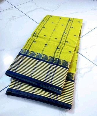 Parbati fashion Printed Tant Pure Cotton Saree(Yellow, Blue)