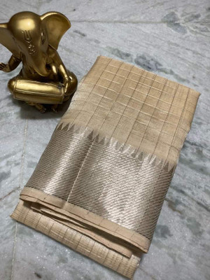 Zafreen Handloom Checkered, Woven Bhagalpuri Cotton Silk Saree(White)