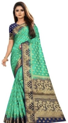 Samridh Sarees Embroidered Banarasi Cotton Silk Saree(Green)