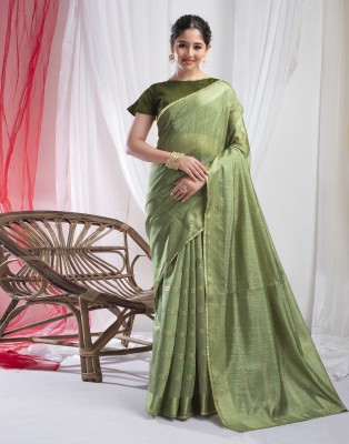 Samah Woven, Embellished, Striped Bollywood Silk Blend Saree(Green)