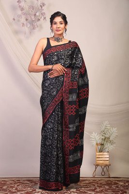Anuttara Floral Print Bhagalpuri Silk Blend Saree(Black)