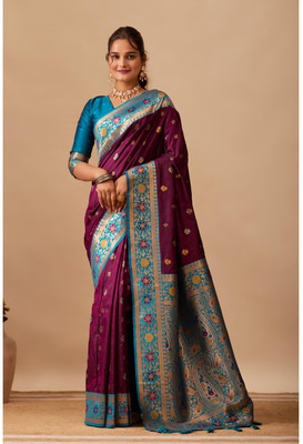 Kathavastra Floral Print, Woven Banarasi Silk Blend Saree(Purple)